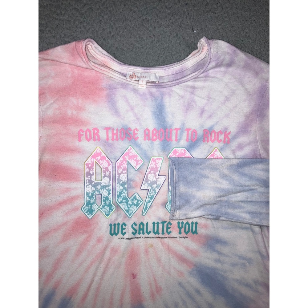AC/DC Tie‎ Dye Graphic Tee Girls Large Pastel Long Sleeve Rock Band Shirt